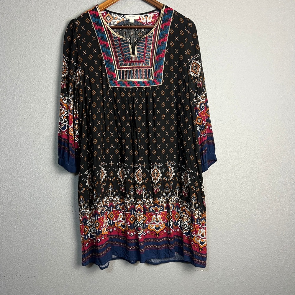 Umgee Bohemian Colorful Flowy Dress Mini Black Print 3/4 Sleeve Casual Size M